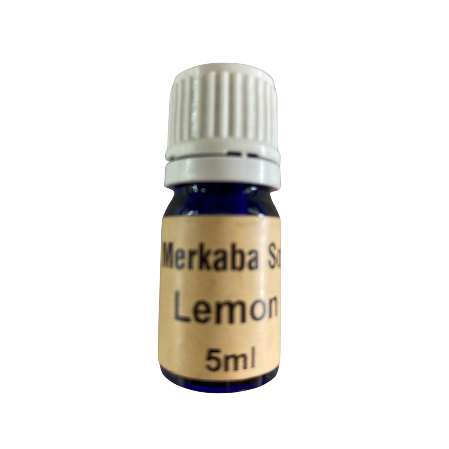 Lemon Essential Oil - Lemon Essential Oil in a small amber colored bottle with light brown label and white screw cap.