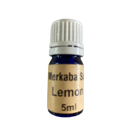 Lemon Essential Oil - Lemon Essential Oil in a small amber colored bottle with light brown label and white screw cap.