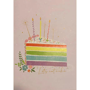 Greeting card with a slice of rainbow cake with candles and sprinkles. The text "LET'S EAT CAKE" is written below the image.