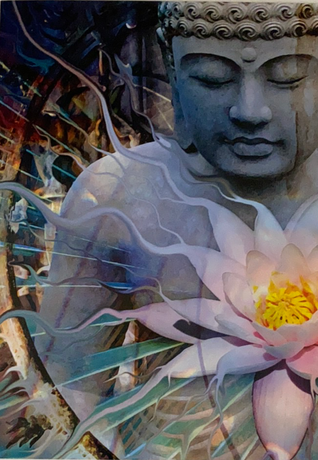 Living Radiance Greeting Card - image of bufdah with lotus 