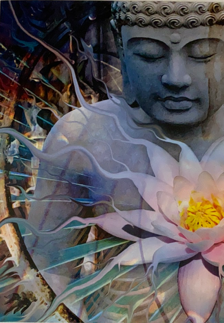 Living Radiance Greeting Card - image of bufdah with lotus 