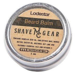 Round metal tin containing Lodestar Beard Balm. The label lists the product name, brand, and ingredients.