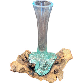 Tall glass bud vase on driftwood base.