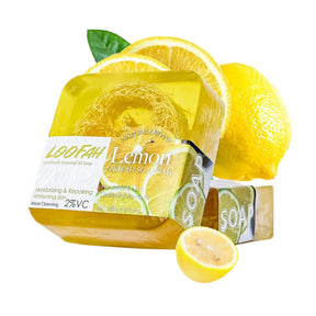 Loofah Lemon Soap  yellow with label that says Loofah Lemon Soap 