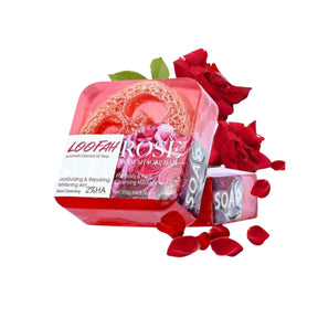 loofah Rose Soap red soap with label loofah rose soap 
