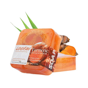 loofah Tumeric Soap orange soap with label that says Loofah Tumeric Soap 
