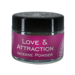 Love & Attraction Incense Powder in a clear jar with a black lid.