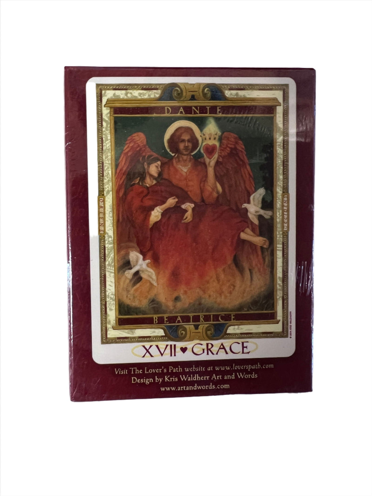 Lovers Path Tarot - Back of red box with images of an angel carrying a woman as one of the cards 