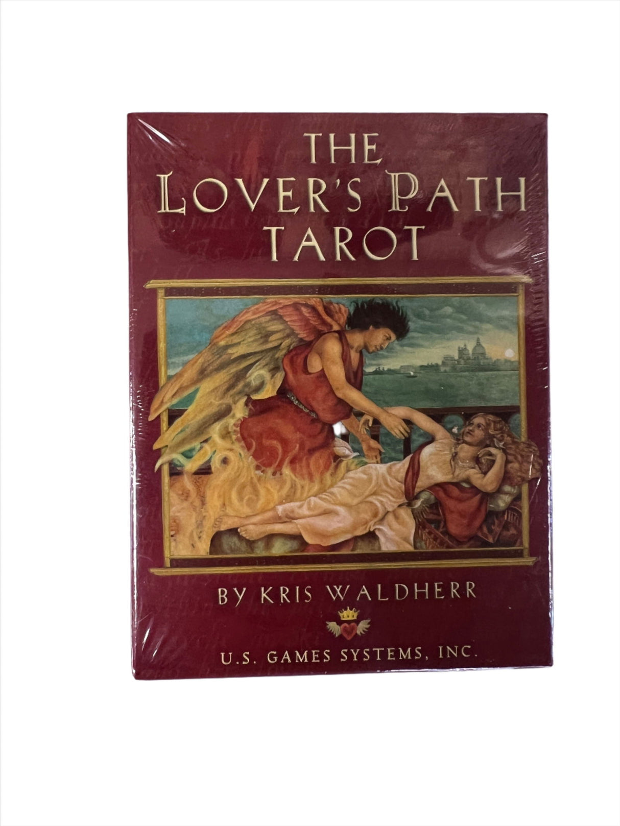 Lovers Path Tarot - Dark red box with image of an angel holding hand of woman with title of The Lovers Path Tarot 