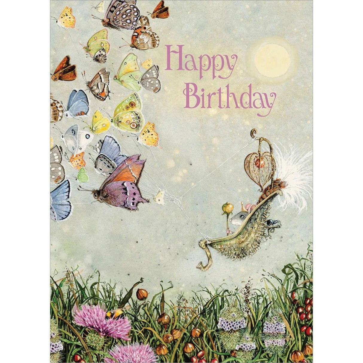 Greeting card with a mouse riding on a leaf boat surrounded by colorful butterflies. The text "HAPPY BIRTHDAY" is written at the top.