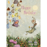 Greeting card with a mouse riding on a leaf boat surrounded by colorful butterflies. The text "HAPPY BIRTHDAY" is written at the top.