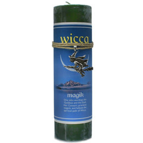 Green candle with "WICCA" and "MAGIK" labels.