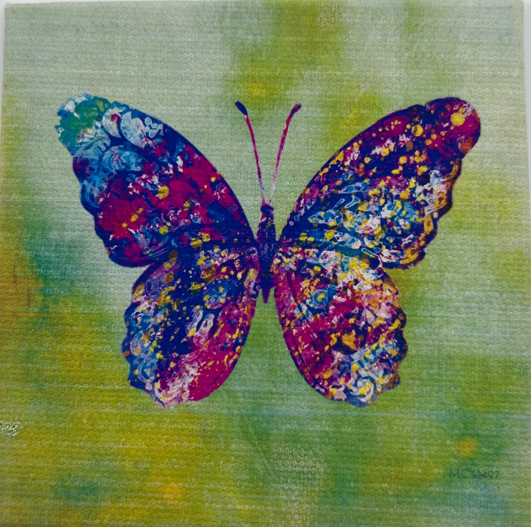 Green square with colorful butterfly in center 