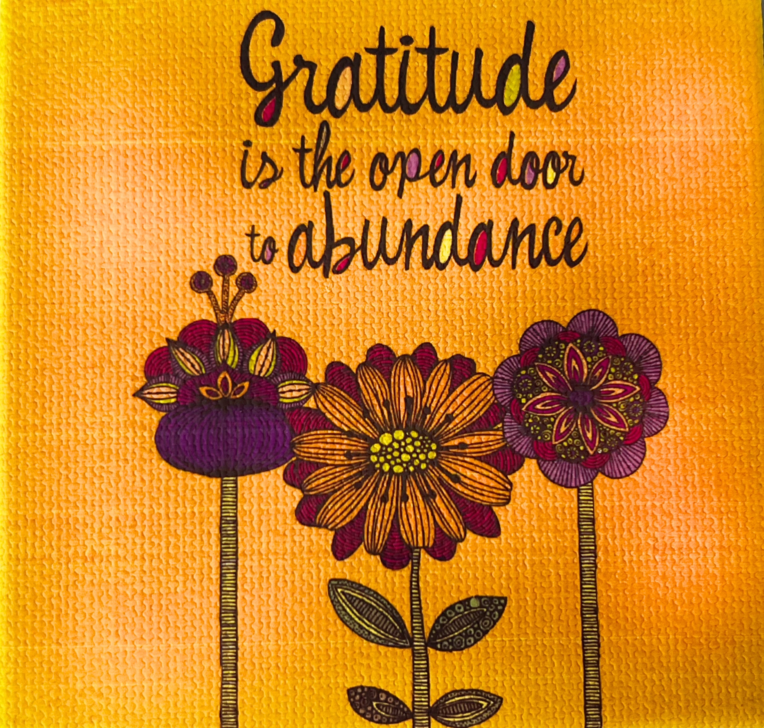 Yellow square  with image of colorful flowers writing above gratitude magnett