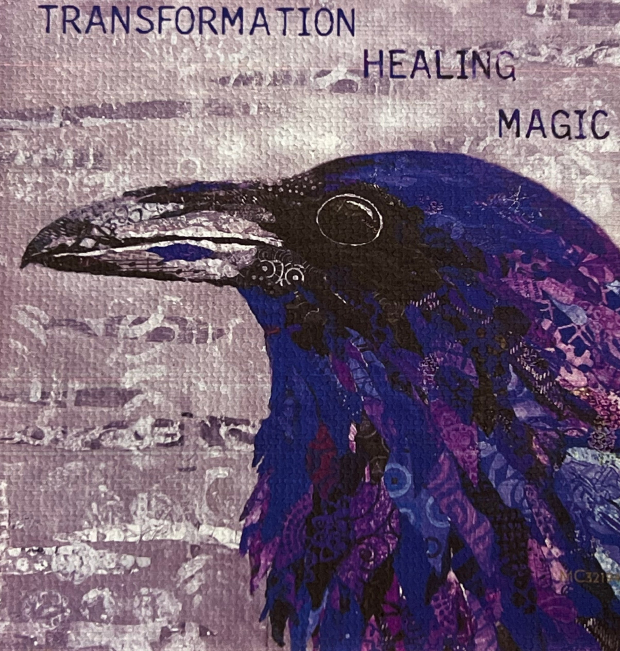 Square magnet wit image of raven head and written message Healing Raven  Magnet 