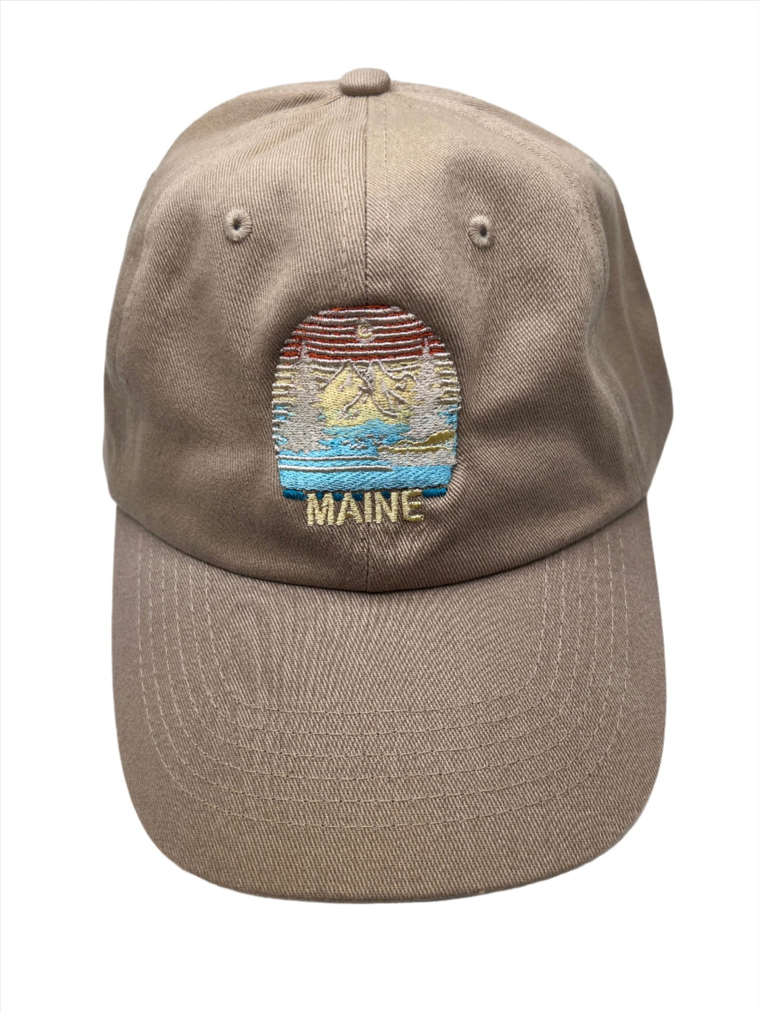 Maine Landscape Khaki Ball Cap - Khaki colored cap with image of mountains and the word Maine embroidered 