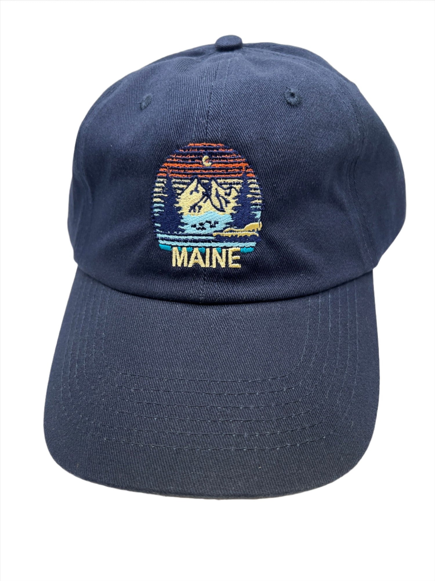 Maine Landscape Navy Blue Ball Cap - Navy Blue Cap with image of mountains and world Maine embroidered 