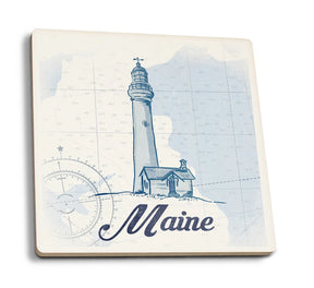 Ceramic coaster with "MAINE" and lighthouse map.