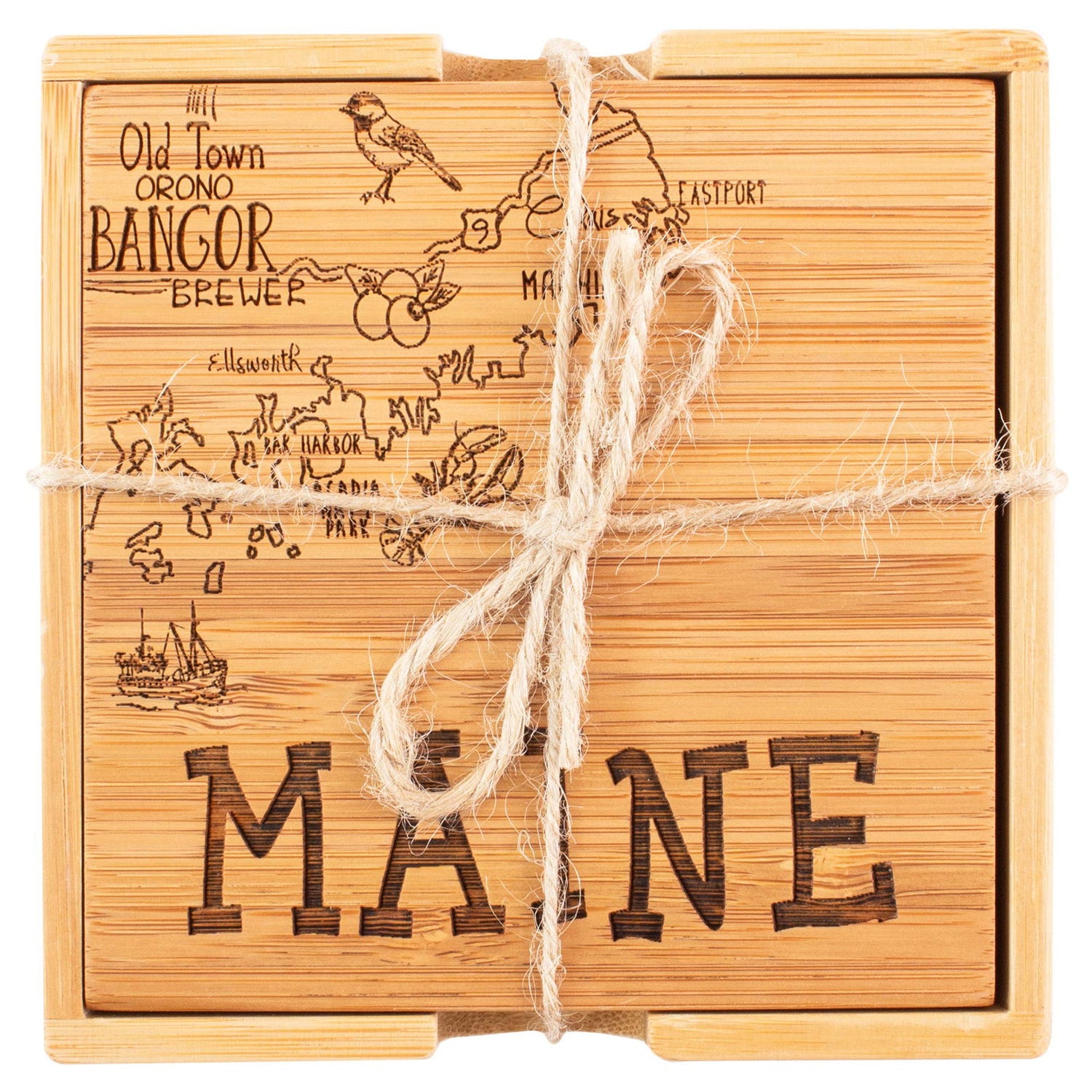 Maine Puzzle Bamboo 4-Pc. Coaster Set with Case - 