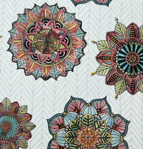 Mandala Morning magnet with colorful mandala patterns on a chevron background.