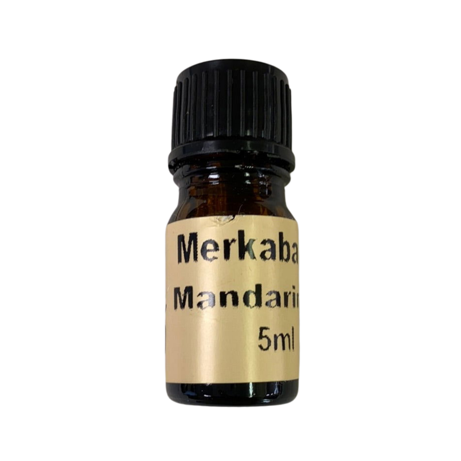Mandarin Essential Oil - Mandarin Essential Oil in a small amber colored bottle with light brown label and black screw cap.