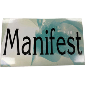 Manifest sticker - white background with teal swirls and black text.