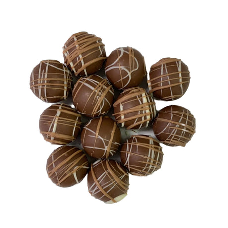 Maple Milk Chocolate Truffle - Marble size round chocolate pieces tan and white icing 