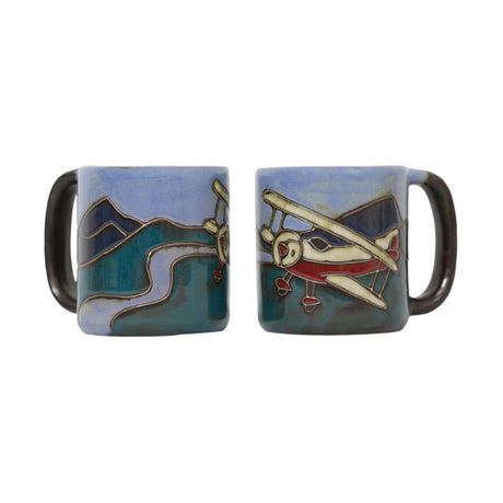 mara mug bi plane, blue mug with image of a biplane 