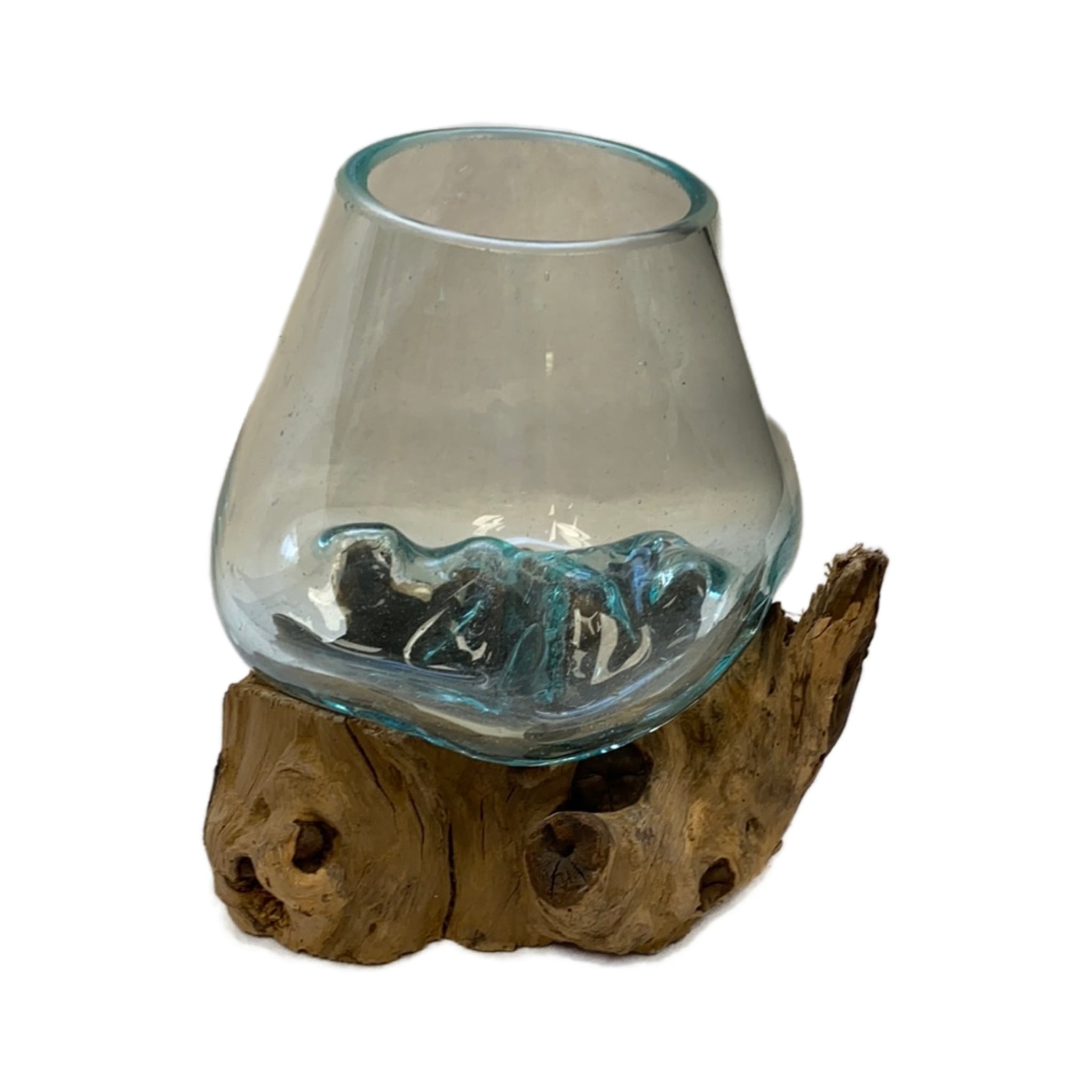 Glass vase with a melted Botton on tree root 