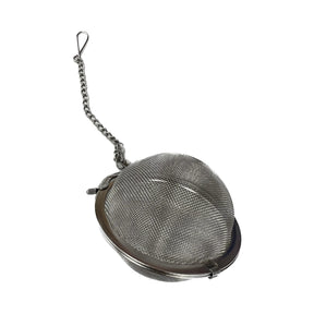 Stainless steel ball-shaped tea infuser with a chain.