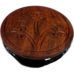 Metal Smudge Pot - Round black metal bowl with wooden top flowers engraved 
