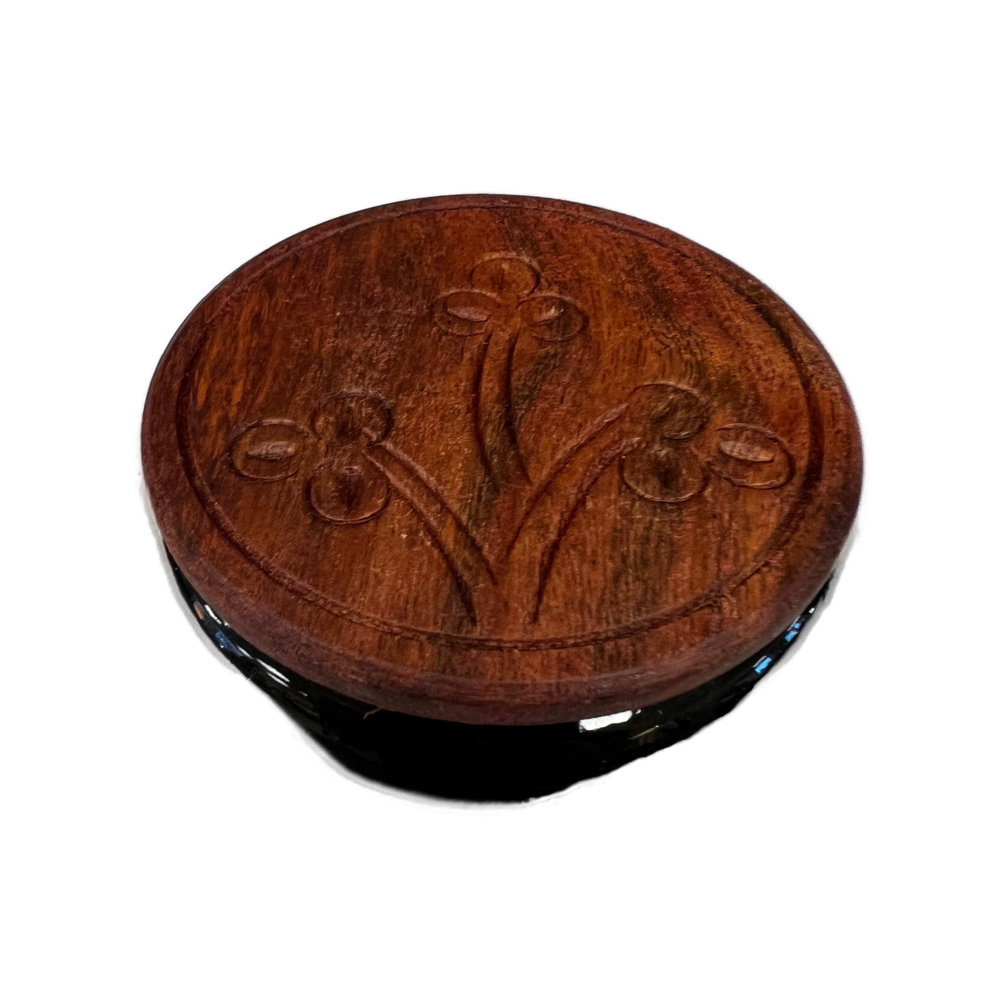 Round black metal bowl with wooden top flowers engraved 