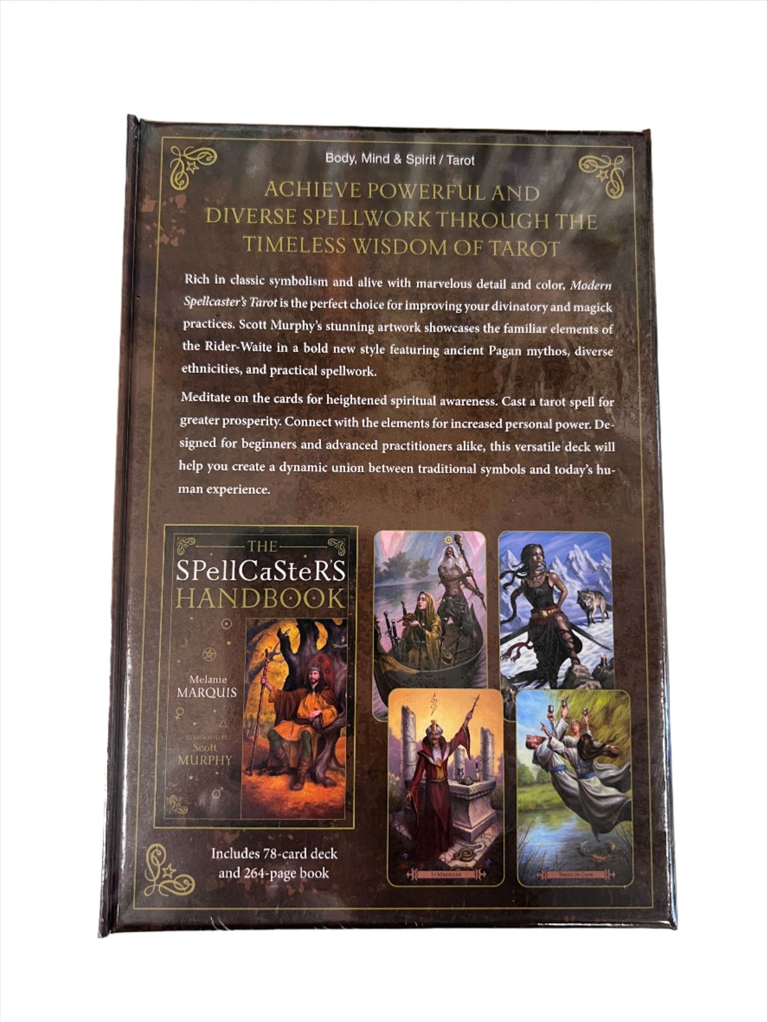 Modern Spellcasters Tarot Set - Brown box with images of cards and a description. 