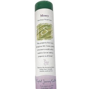 Money Pillar Candle - green pillar candle with white label and writing Money Candle 