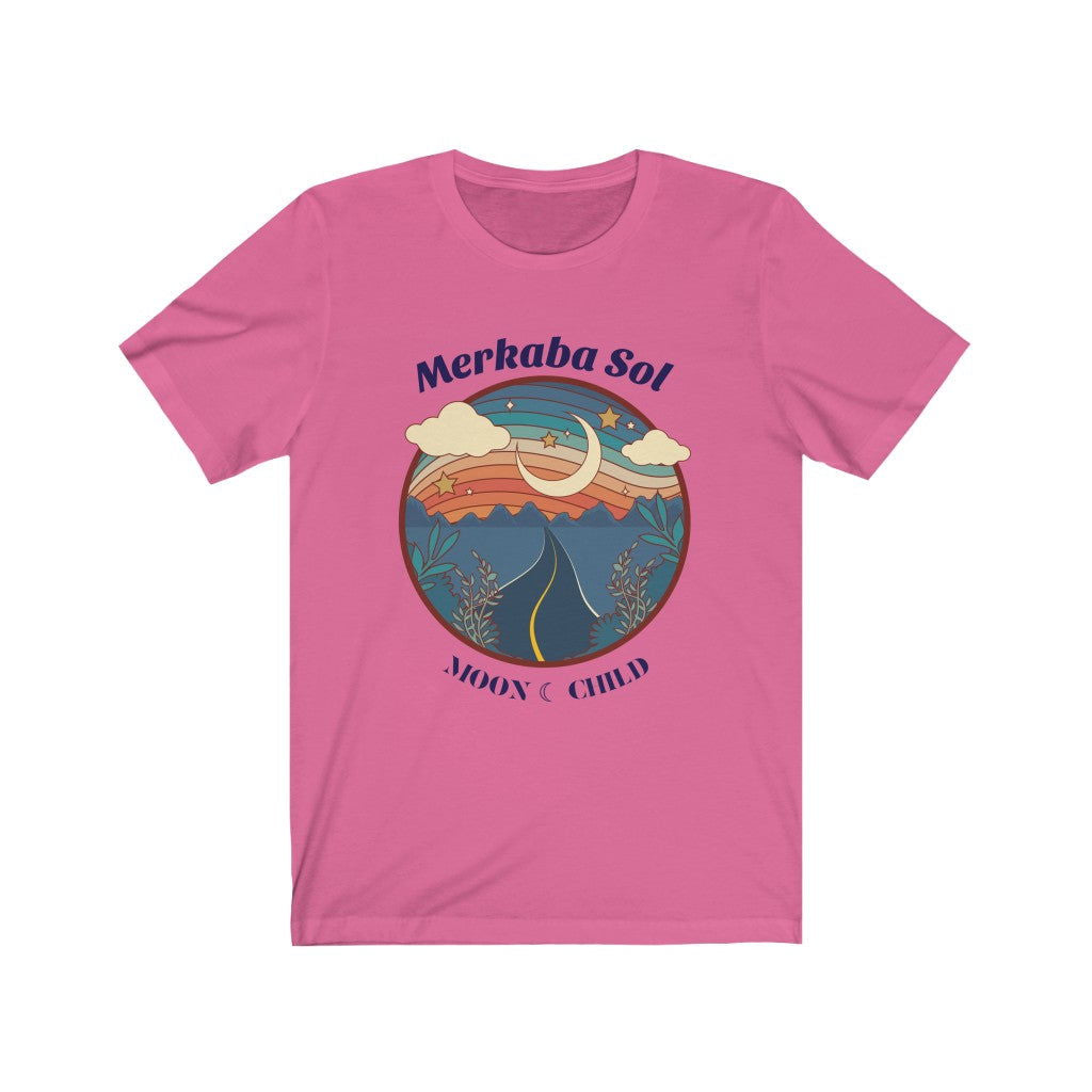 Moon Child Short Sleeve Tee - Let the moon child shine free. Bring inspiration and empowerment to your wardrobe with this Moon Child t-shirt in charity pink color or give it as a fun gift. From merkabasolshop.com