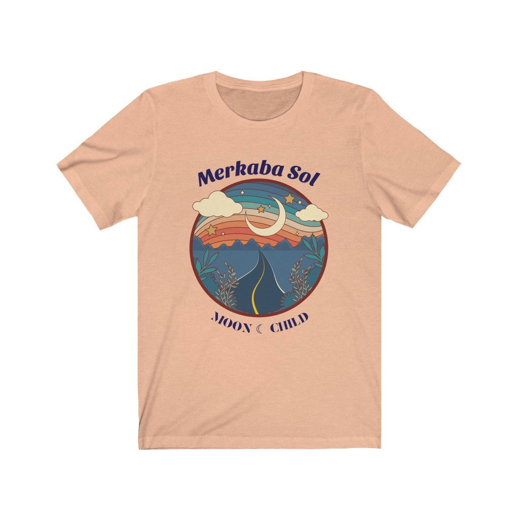 Moon Child Short Sleeve Tee - Let the moon child shine free. Bring inspiration and empowerment to your wardrobe with this Moon Child t-shirt in peach color or give it as a fun gift. From merkabasolshop.com