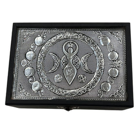 Black wooden box with silver-plated Moon Goddess design and moon phases.