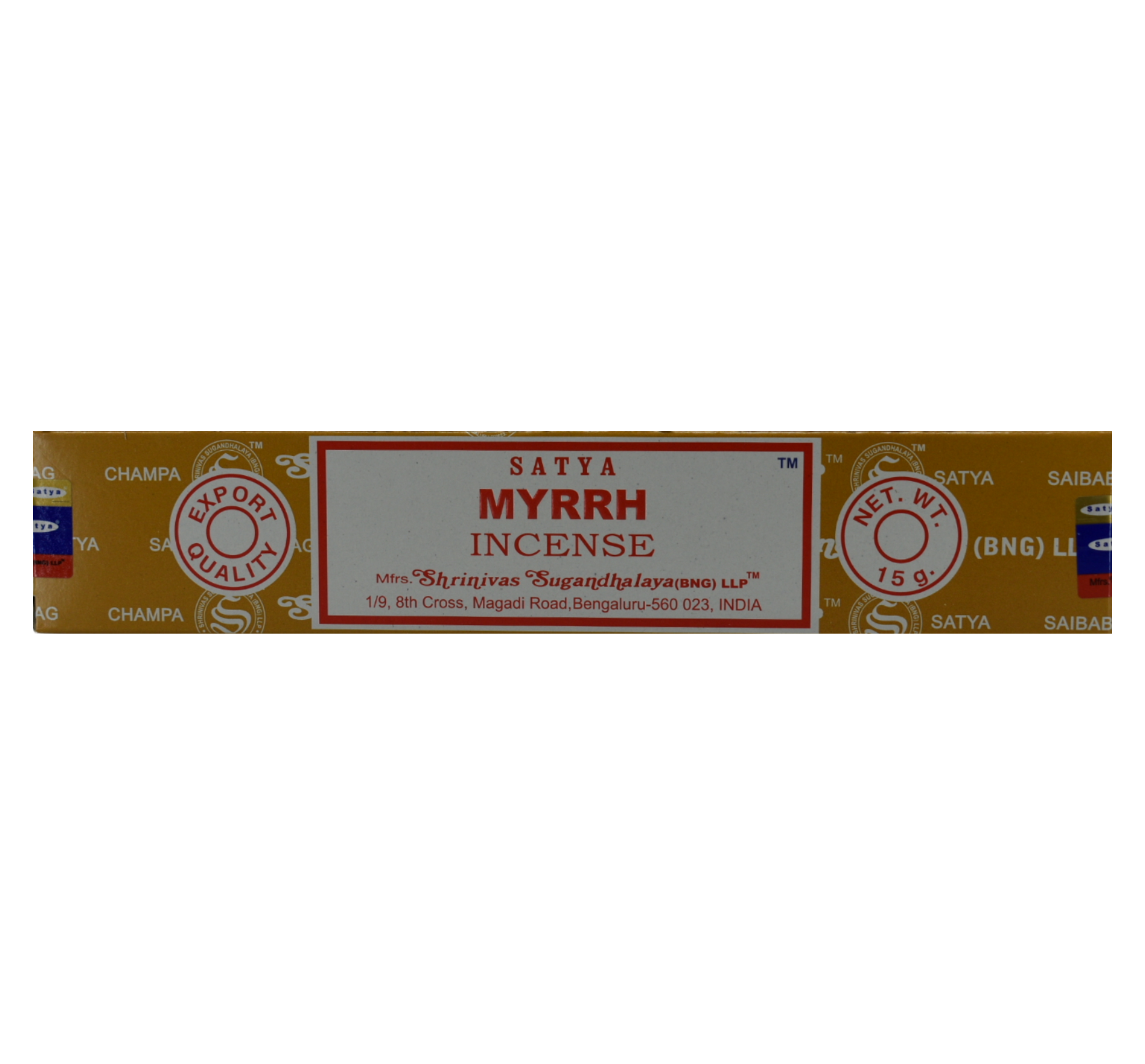 Myrrh Incense Sticks. Box is caramel colored with white lines that have company words as a design. The center of the box has a white rectangle with a red frame within the border. In the rectangle the top line has the company name. The next rows have the title Myrrh Incense. At the bottom of the rectangle is the manufacturer&