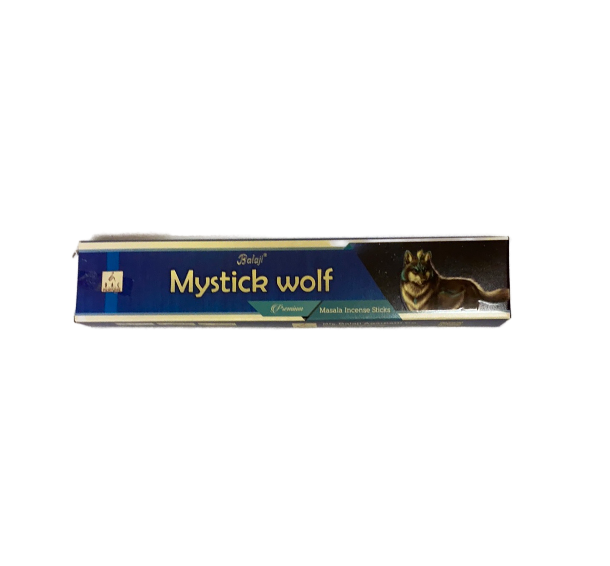 Blue box with image off a wolf and words Mystick wolf 