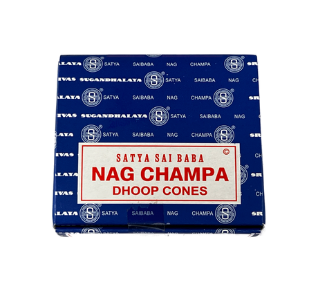 Nag Champa Incense Cones - Blue White Box with words  written 