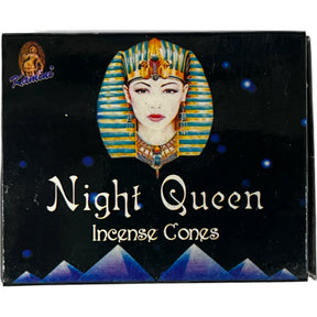 Black cardboard box with Egyptian woman printed with white text "Night Queen Incense Cones"