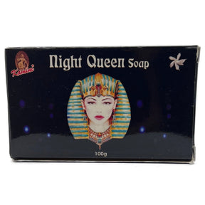 Black soap box with a gold border and a picture of Cleopatra. The label reads "Night Queen Soap 100g."