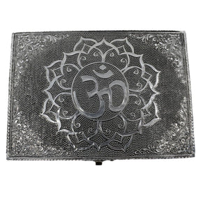 OM Metal Box - wood box covered in metal that is engraved lotus symbol with om 