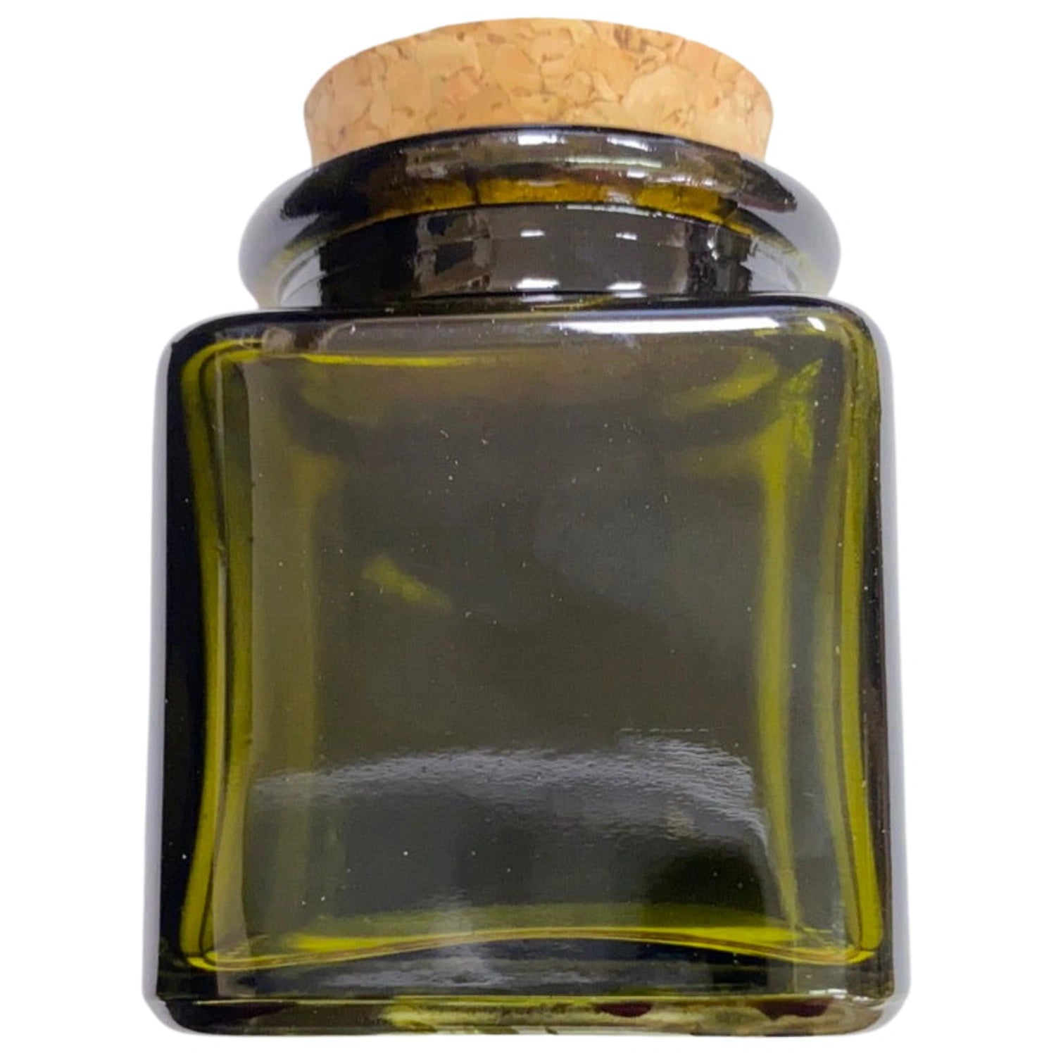 Olive green glass jar with a cork stopper.