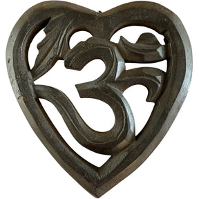 Om Symbol Heart Wall Hanging - Hollow heart wood carving with OM symbol at the center.
