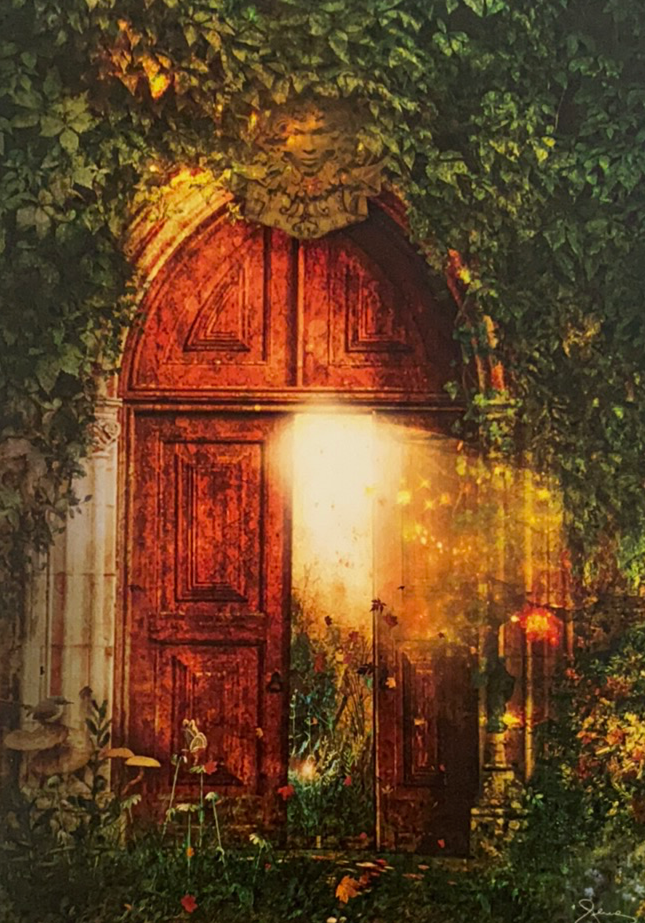 Open Door Greeting Cards - green leafy card with gothic door opening on front 