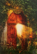 Open Door Greeting Cards - green leafy card with gothic door opening on front 