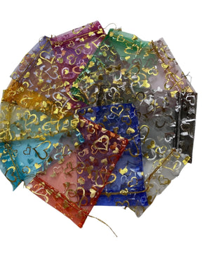 Organza Bag md - Medium size material gift bags with gold and silver hearts.