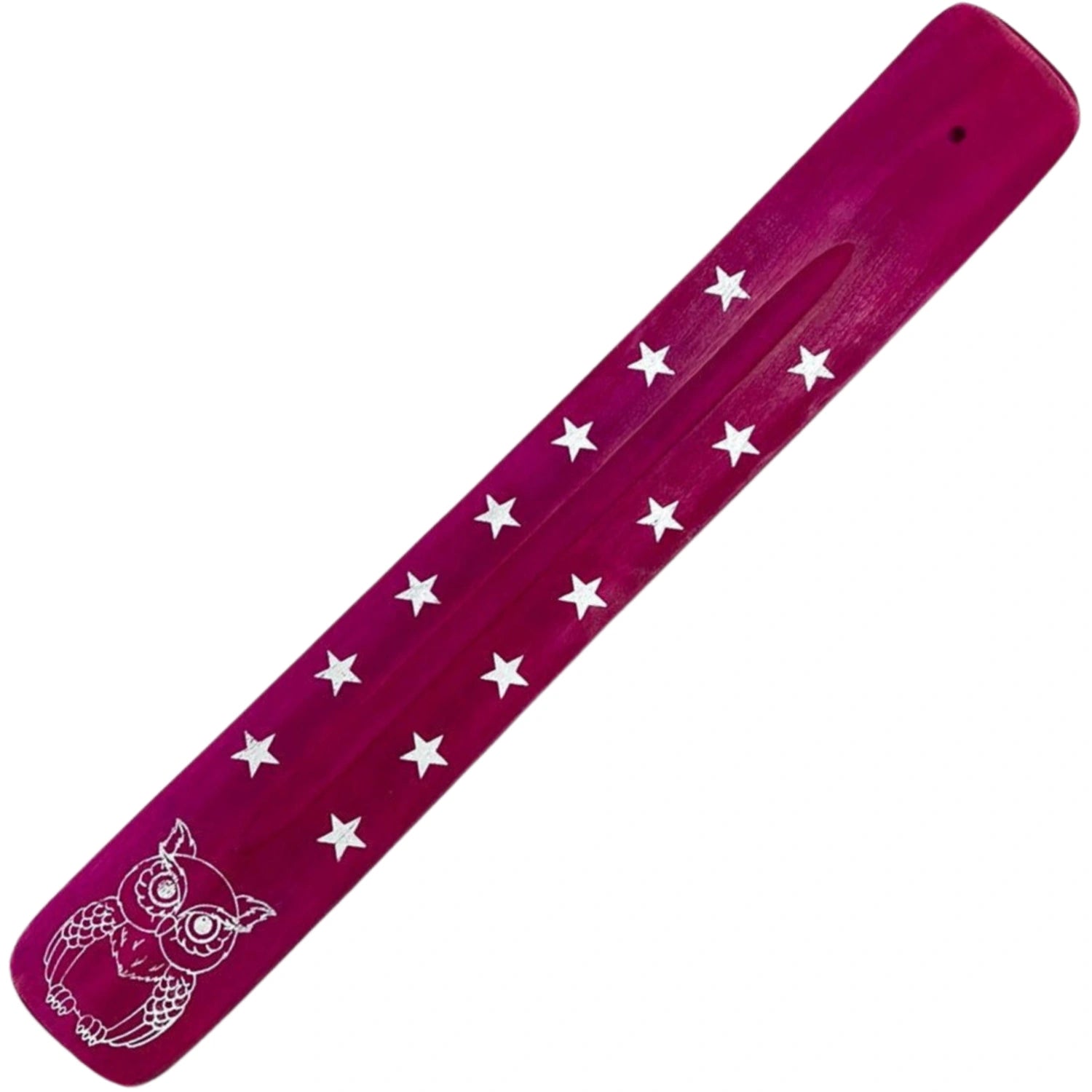 Pink wooden incense burner with owl and star design.