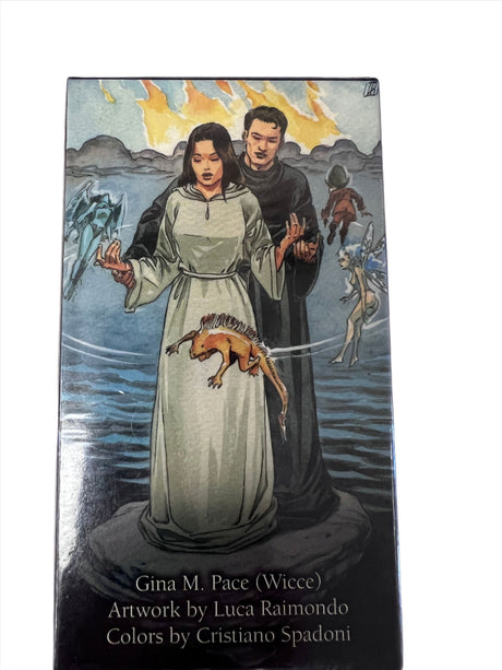 Pagan Tarot - dark back of card box with image oof man and woman in robes with strange creatures flying around them 